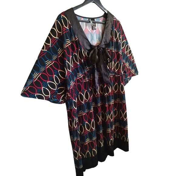 Bisou Bisou Red Blue Black Stretch V Neck Short Sleeve Satin Trim Tie Tunic XL - Picture 3 of 8